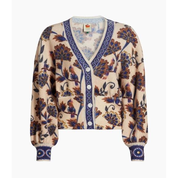 FARM Rio Sweaters - Farm Rio Ainika Floral Knit Wool Blend Cardigan sweater Balloon Sleeve XS